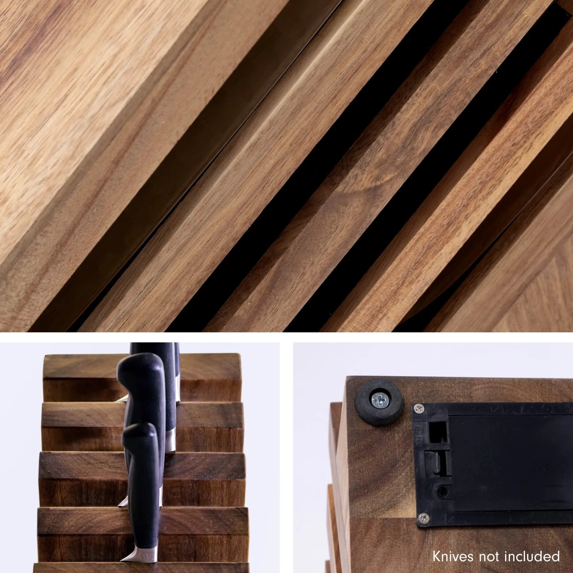 A composite product image showing a wooden knife block with three panels: a close-up of the wood grain and slatted front, a view of the block holding knives, and a close-up of the back corner noting 'Knives not included'.