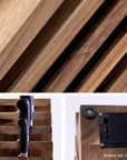 A composite product image showing a wooden knife block with three panels: a close-up of the wood grain and slatted front, a view of the block holding knives, and a close-up of the back corner noting 'Knives not included'.