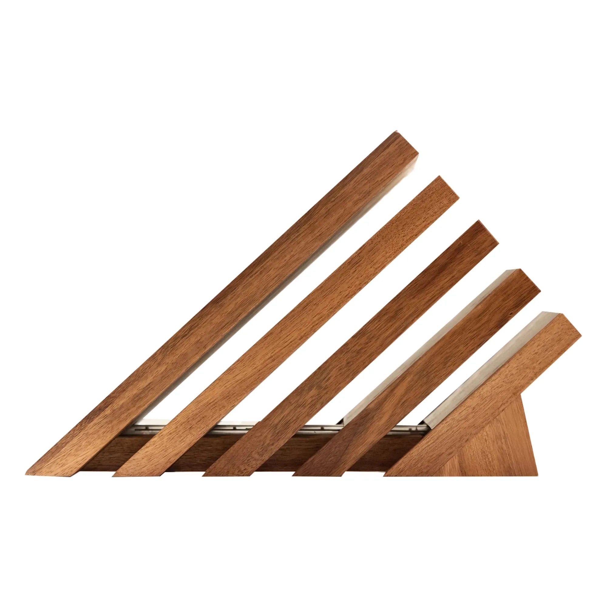 A modern wooden knife block with five angled slats supported by a triangular base, shown on a plain white background.