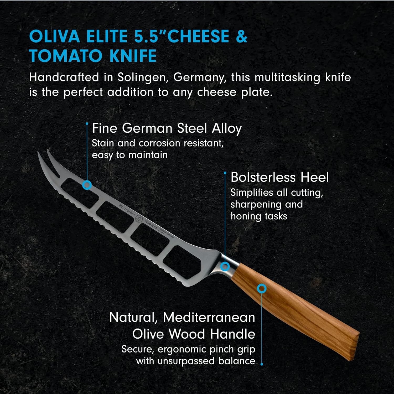 Oliva Elite cheese and tomato knife with features highlighted on a dark background