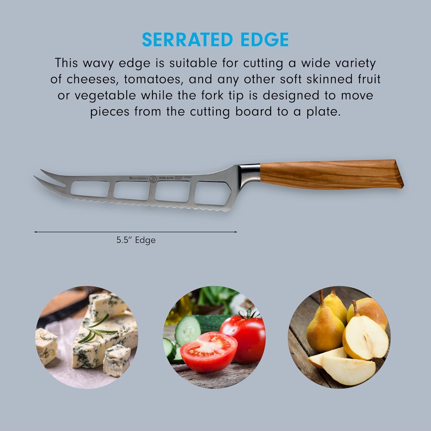 Cheese knife with wooden handle on a gray background with text about its features and uses.