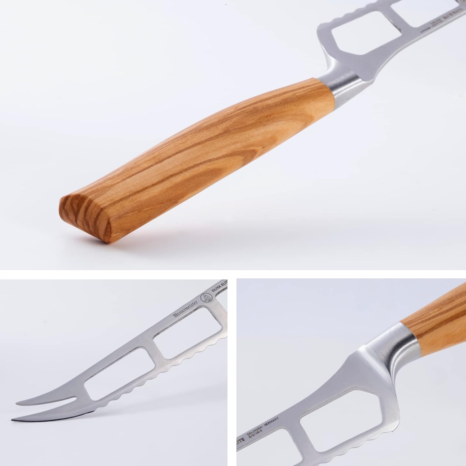 Wooden-handled cheese knife with metal blade on a white background