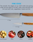 Two knives with wooden handles on a gray background, accompanied by images of food items.