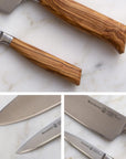 Collage of knives with wooden handles on a marble surface