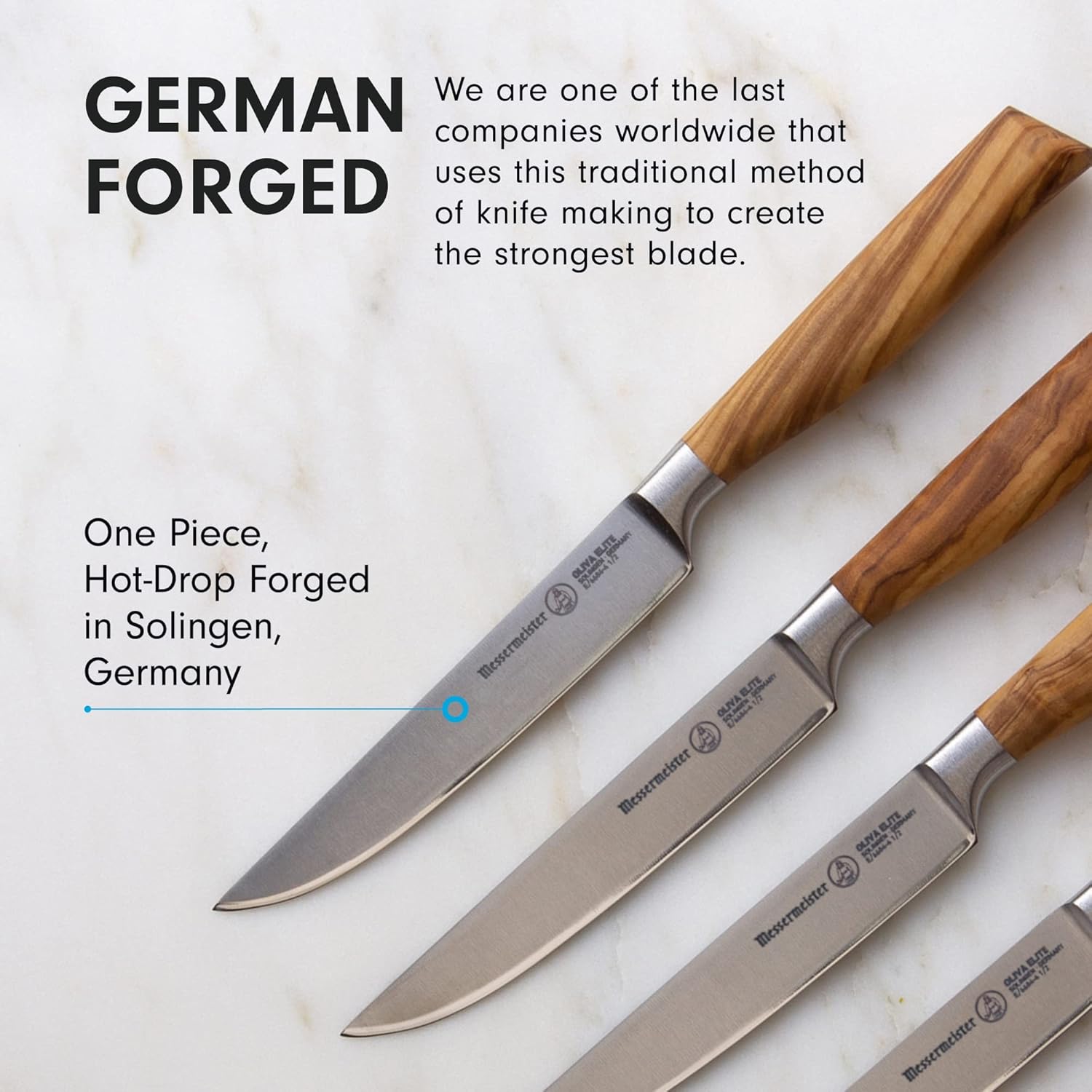 Three knives with wooden handles on a light background, featuring text about German forging.