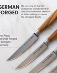 Three knives with wooden handles on a light background, featuring text about German forging.