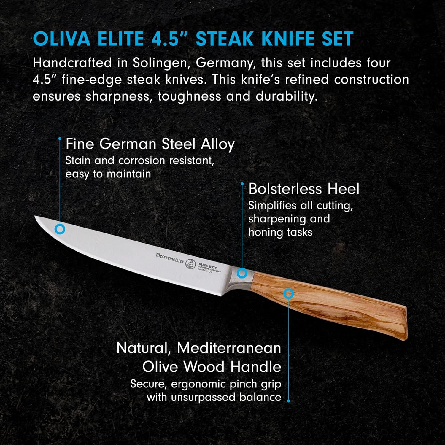 Oliva Elite steak knife set with detailed features on a black background