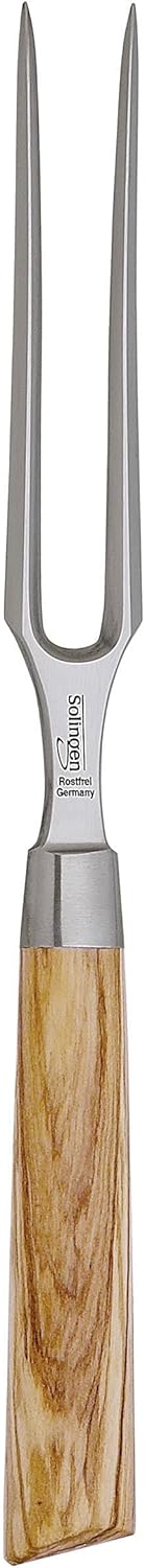 Stainless steel carving fork with wooden handle on a white background