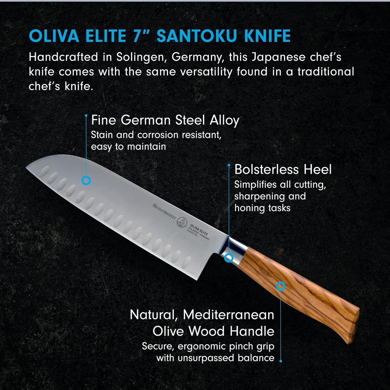 Oliva Elite 7" Santoku knife with features highlighted on a black background