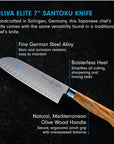 Oliva Elite 7" Santoku knife with features highlighted on a black background