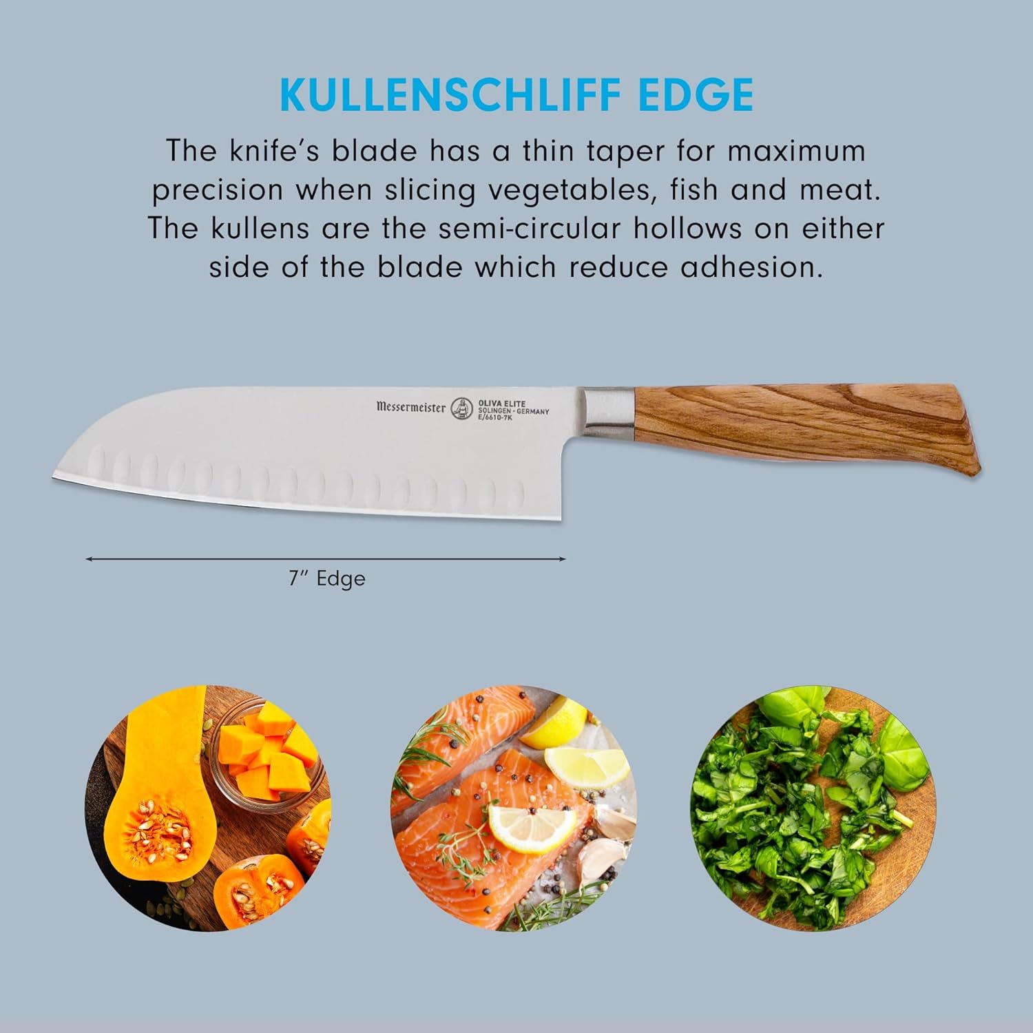 Knife with wooden handle and text about Kullenschliff edge on a blue background