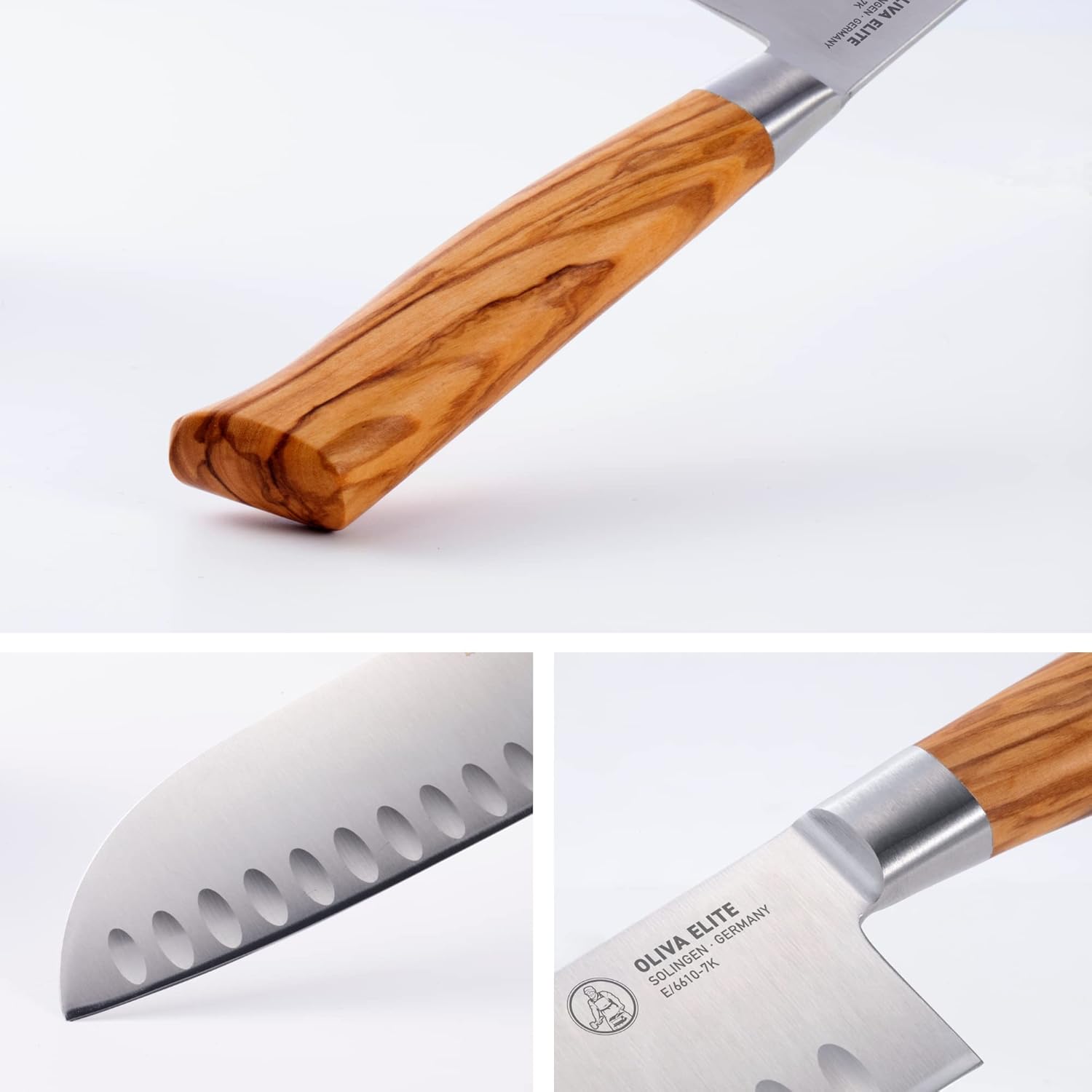 Knife with wooden handle and visible brand name on a white background