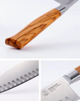 Knife with wooden handle and visible brand name on a white background