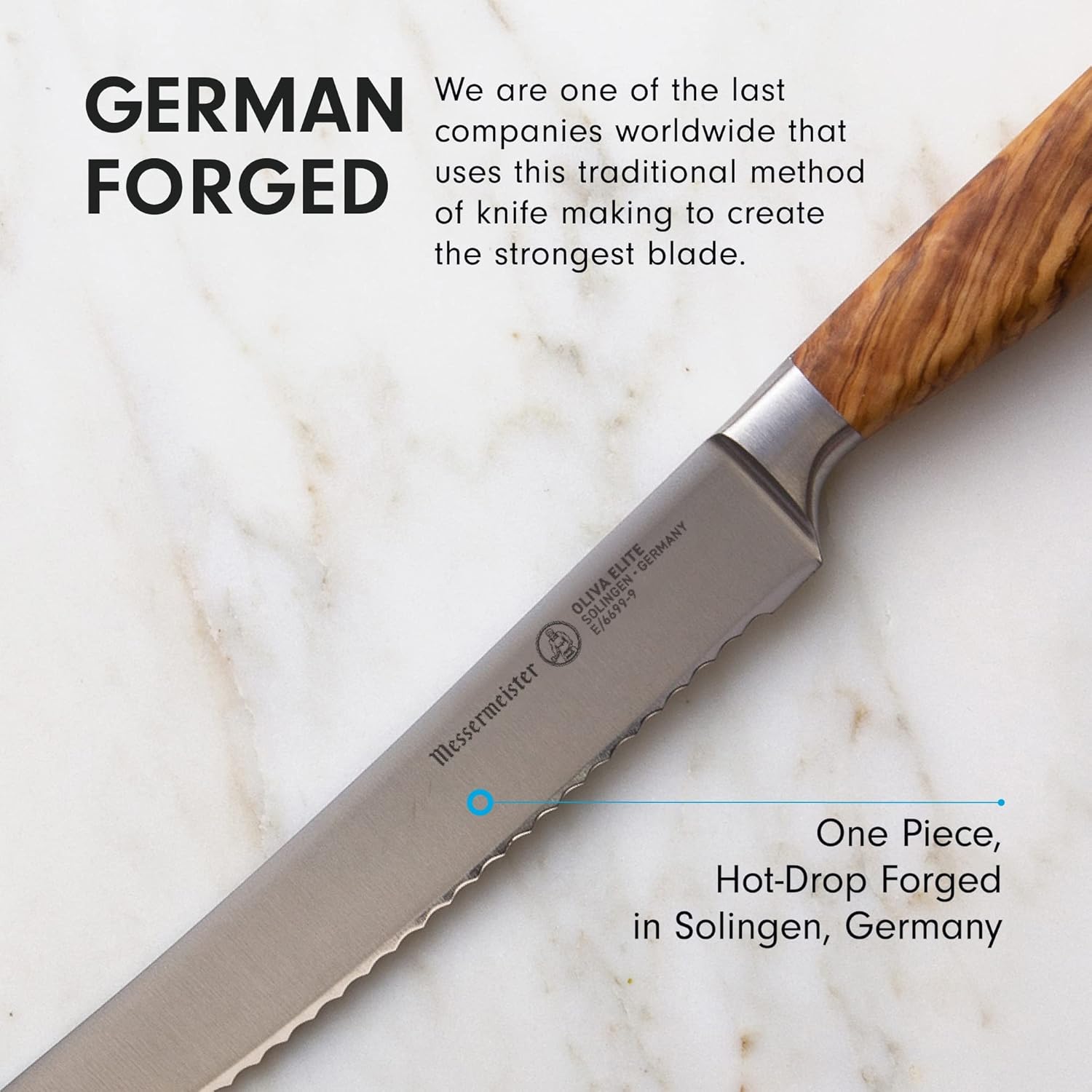 Knife with wooden handle on a marble background, highlighting German forging process.
