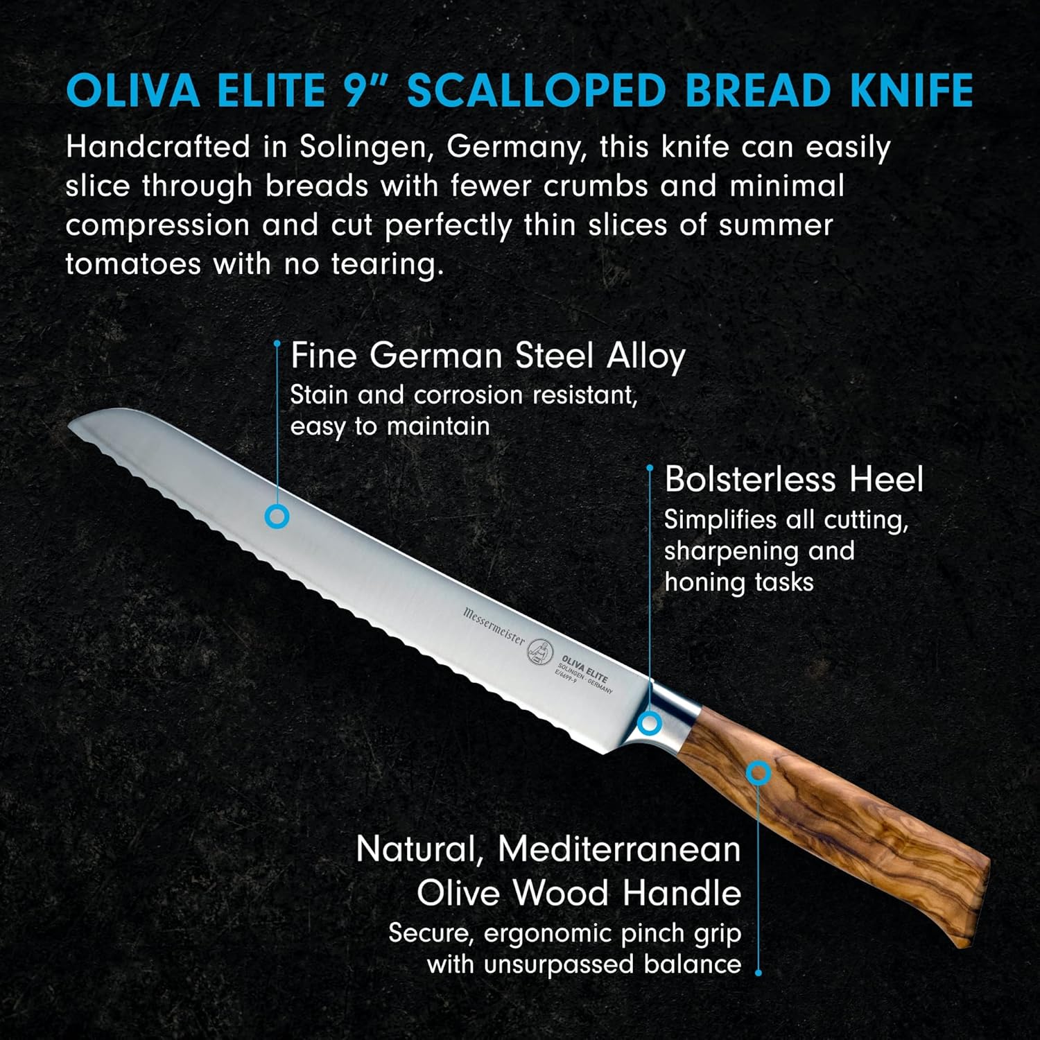 Oliva Elite 9" Scalloped Bread Knife with features highlighted on a black background