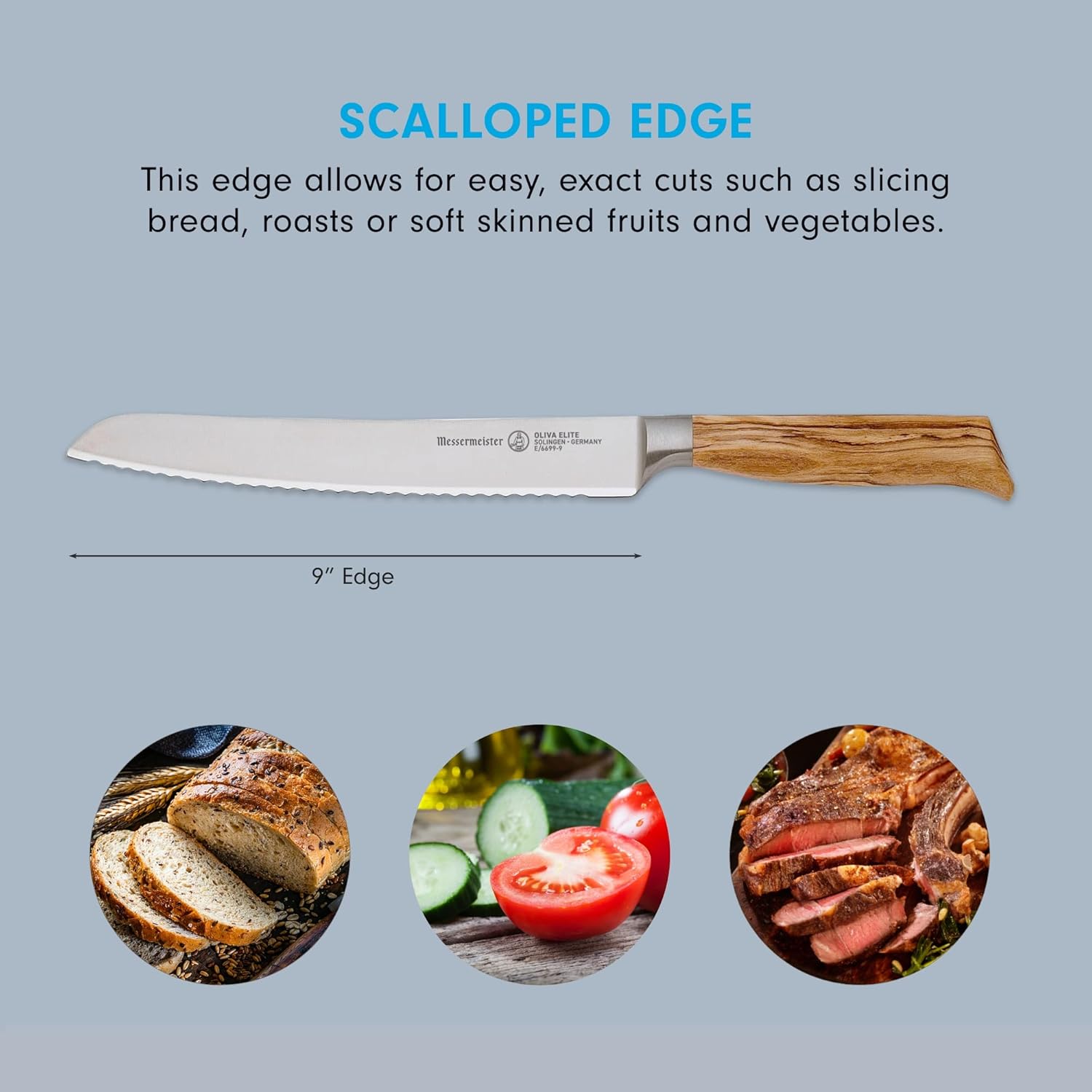 Knife with scalloped edge on a gray background with images of food items below.