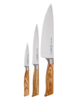 Set of three knives with wooden handles on a white background