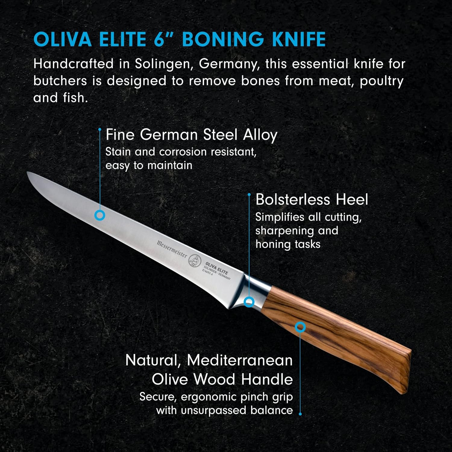 Oliva Elite 6" Boning Knife with features highlighted on a dark background