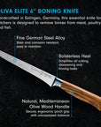 Oliva Elite 6" Boning Knife with features highlighted on a dark background