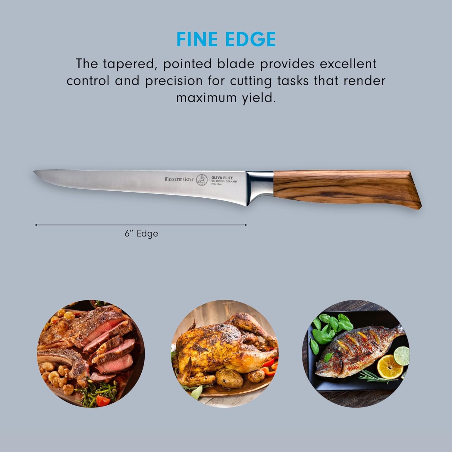 Knife with wooden handle on a gray background, showcasing its use in food preparation.