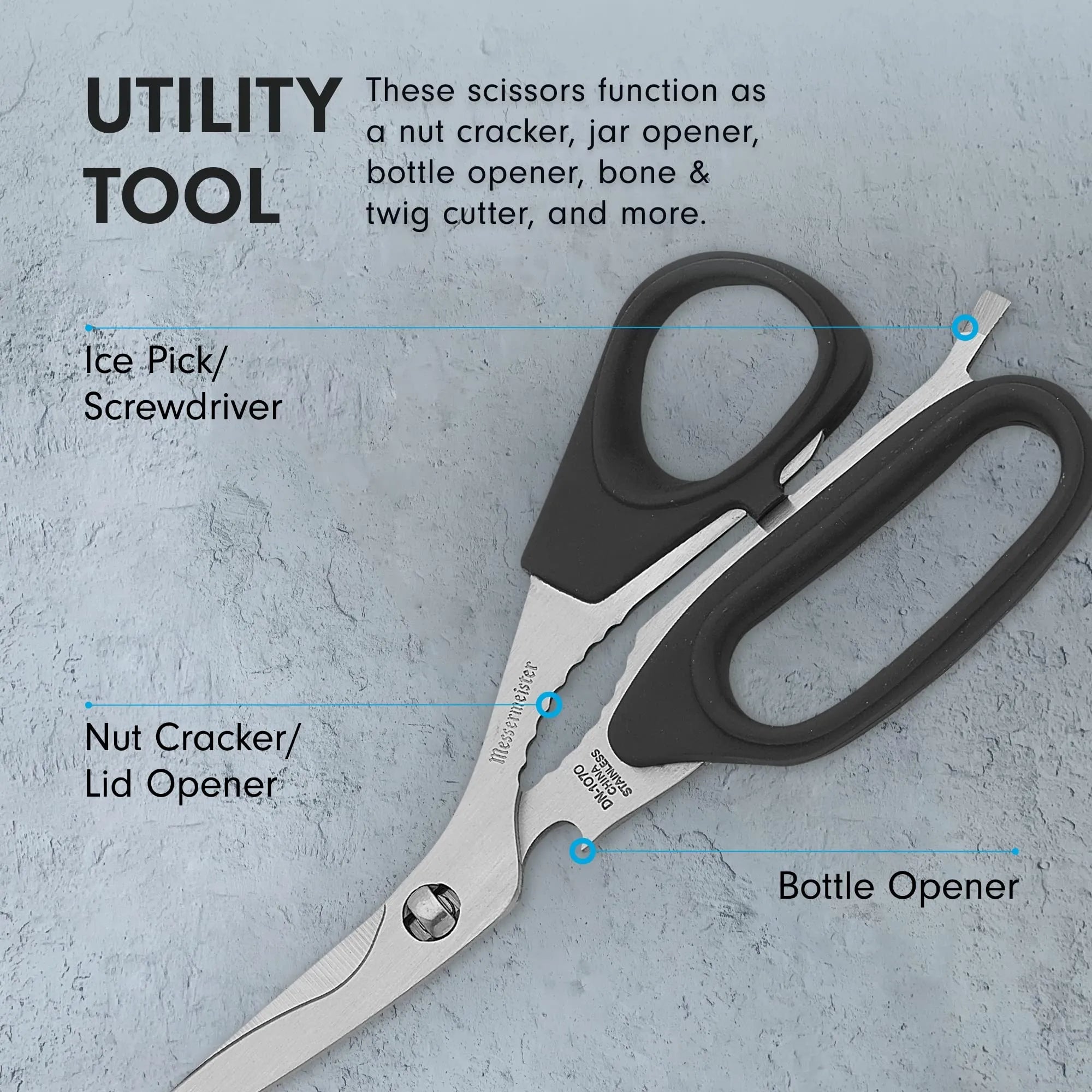 A pair of utility scissors with black handles and silver blades, shown on a light gray textured background with descriptive text and callout lines indicating multiple uses such as nut cracker, jar opener, bottle opener, and ice pick.