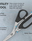 A pair of utility scissors with black handles and silver blades, shown on a light gray textured background with descriptive text and callout lines indicating multiple uses such as nut cracker, jar opener, bottle opener, and ice pick.