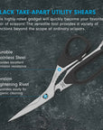 Black take-apart utility shears with text on a dark textured background