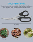 Multifunctional scissors with text and images of uses on a gray background