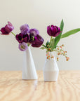 Two white vases with purple flowers on a wooden surface