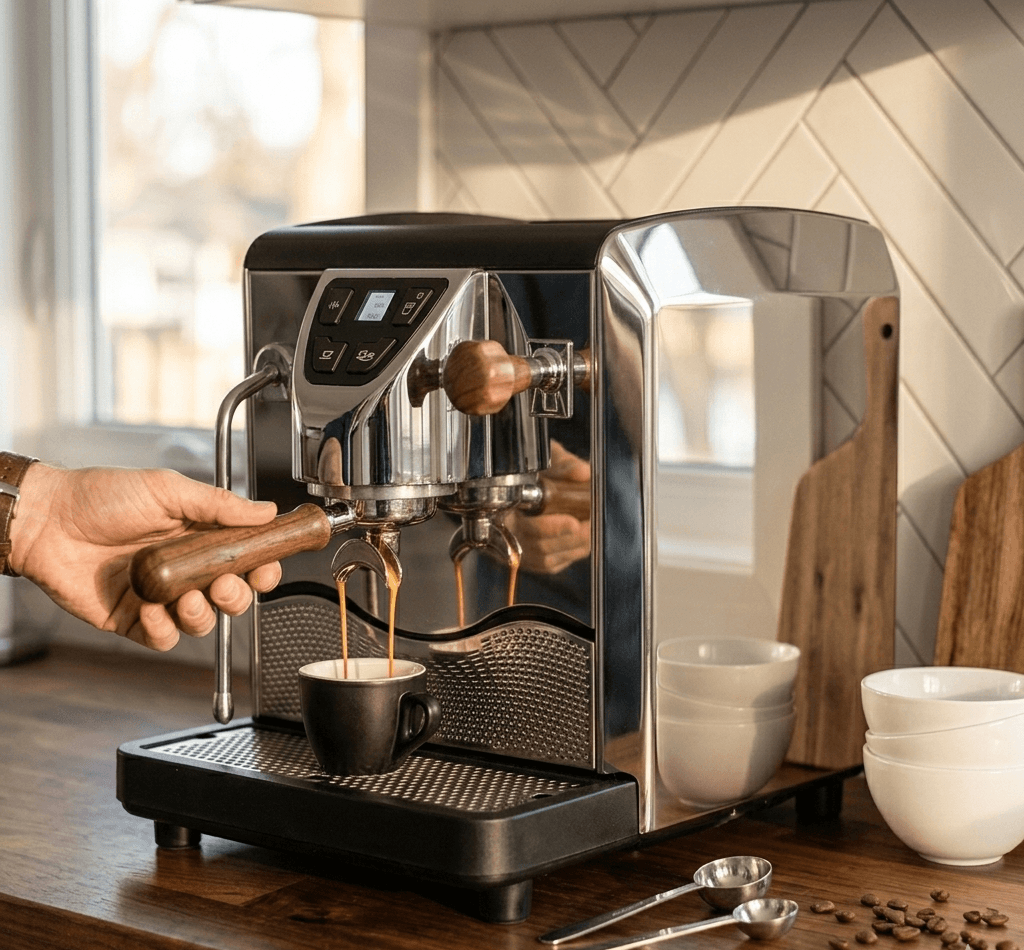 Espresso machine being used to make coffee in a kitchen setting.
