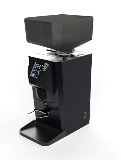 Black coffee grinder with digital display on a white background