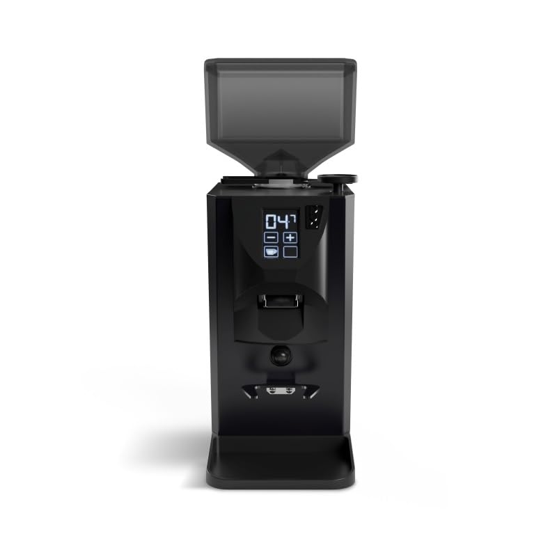 Black coffee grinder with digital display on a white background