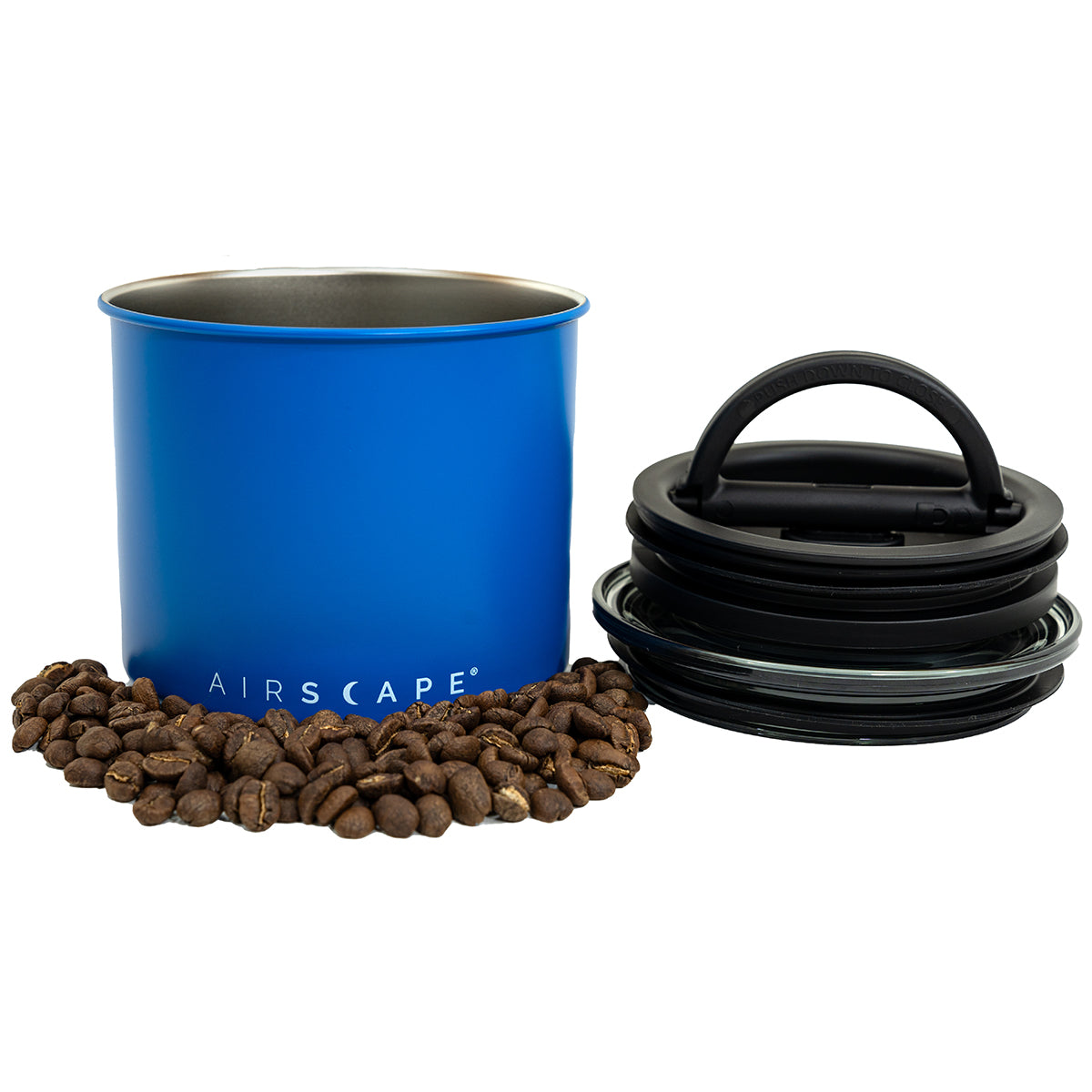Matte blue airscape container with coffee beans and black lid on a white background