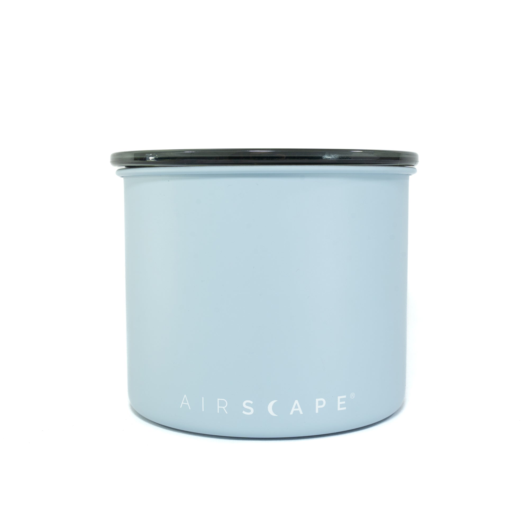 Light blue container with black lid on a white background