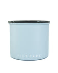 Light blue container with black lid on a white background