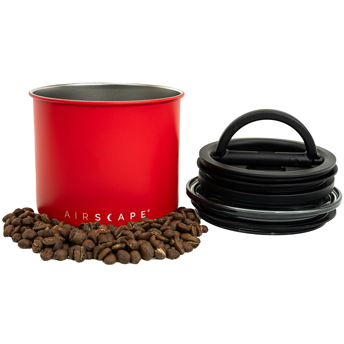 Red container with black lid and coffee beans on a white background, featuring the 'AIRSCAPE' brand.