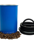 Matte blue cylindrical container with black lid and coffee beans on a white background, featuring the 'AIRSCAPE' brand.