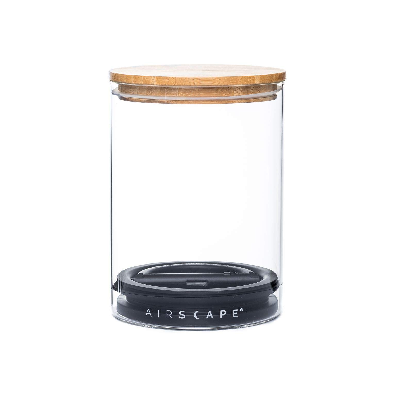 Empty glass airscape jar with both the airtight lid and bamboo lid on a white background
