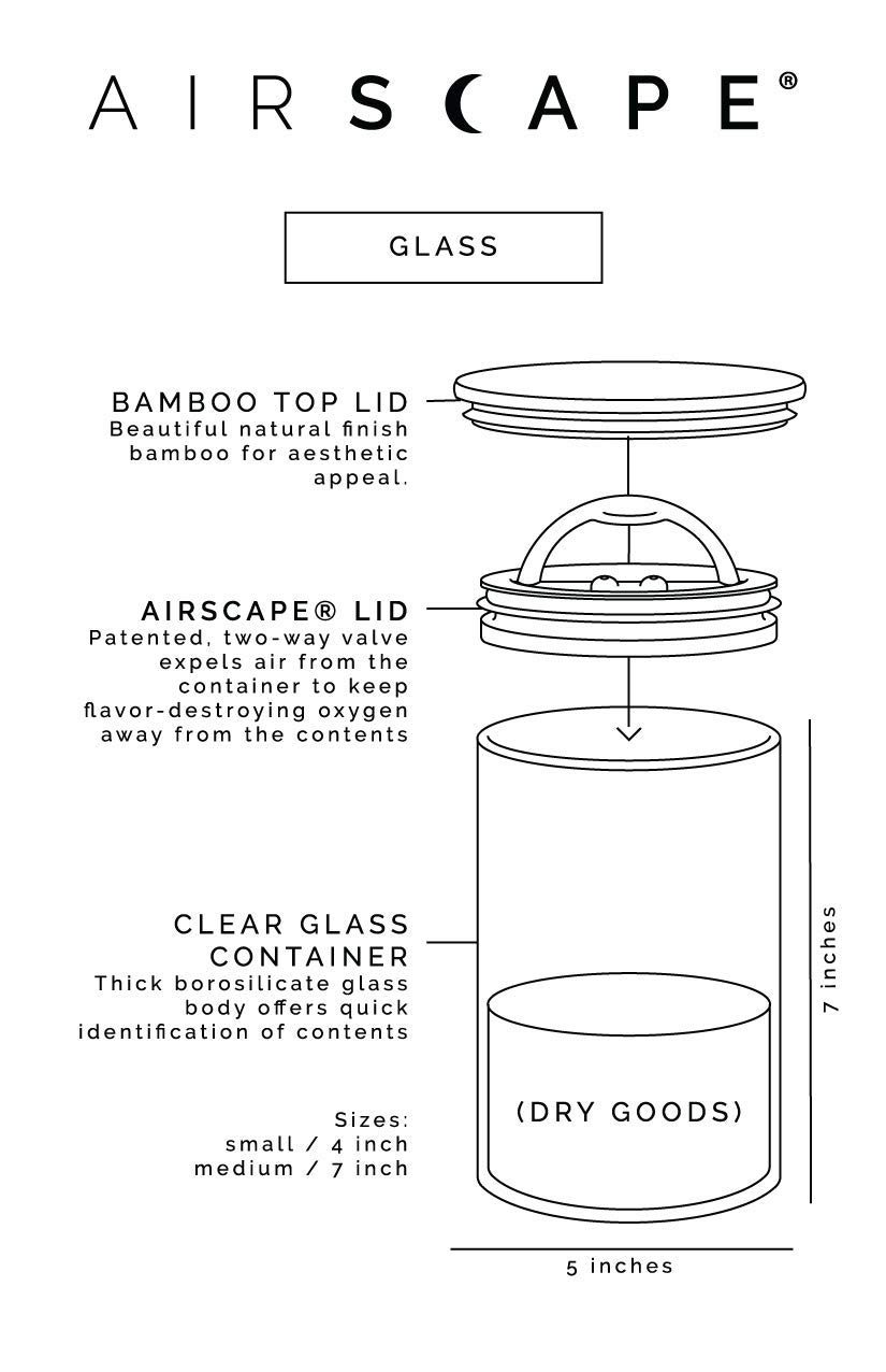 Diagram of the AIRSCAPE glass container with labeled parts and dimensions with bamboo lid