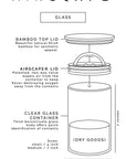 Diagram of the AIRSCAPE glass container with labeled parts and dimensions with bamboo lid