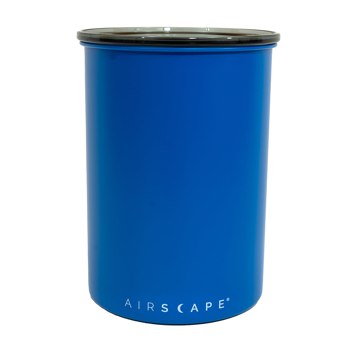 Matte blue cylindrical container with black lid on a white background, featuring the 'AIRSCAPE' brand.