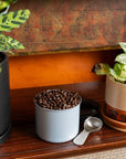 Container of coffee beans with a scoop on a wooden surface with plants.
