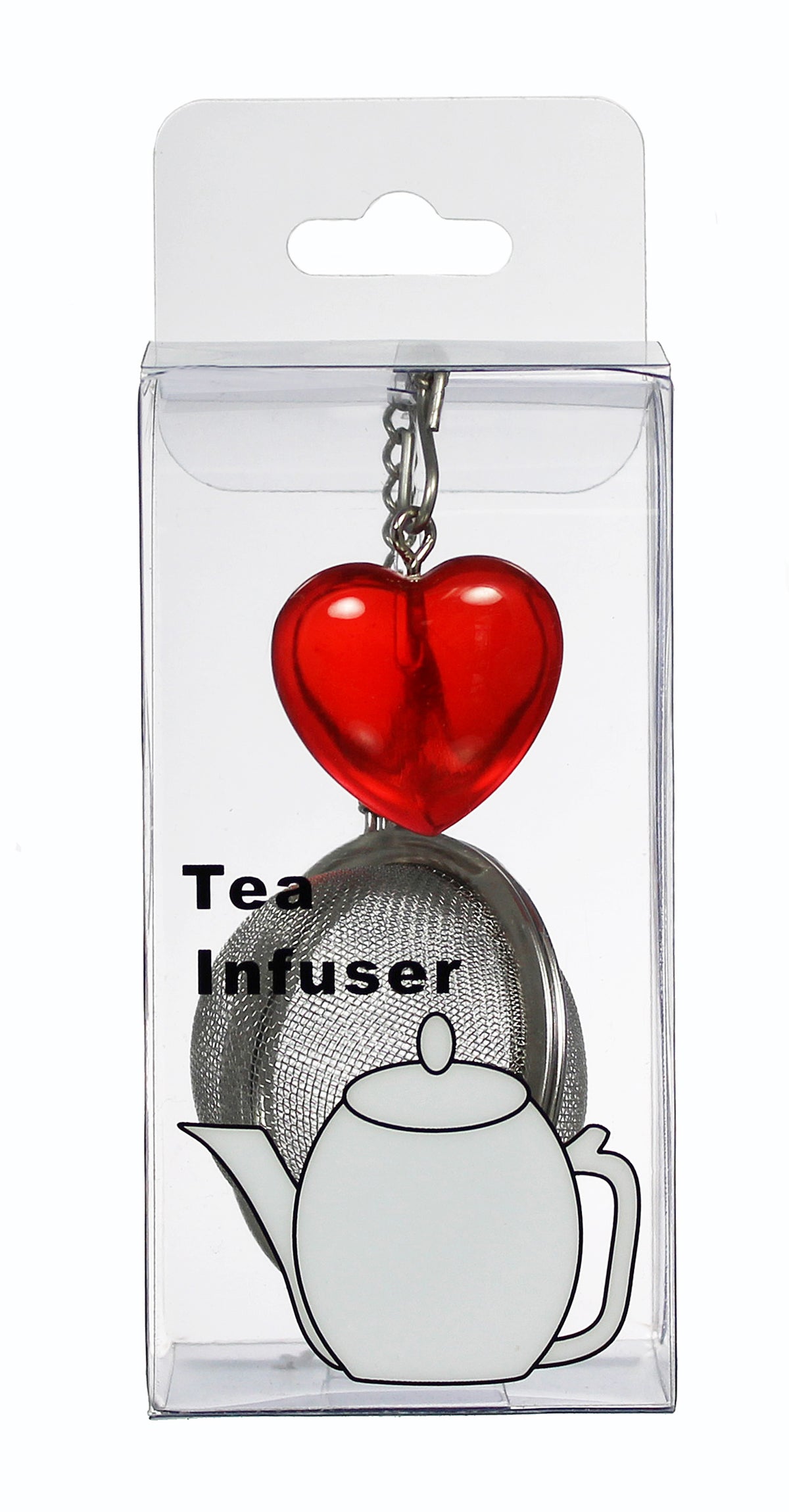 A red heart-shaped tea infuser with a silver metal strainer and keychain ring, packaged in a clear plastic blister pack with a white backing card. The packaging features a printed illustration of a white teapot and the text 'Tea Infuser'.