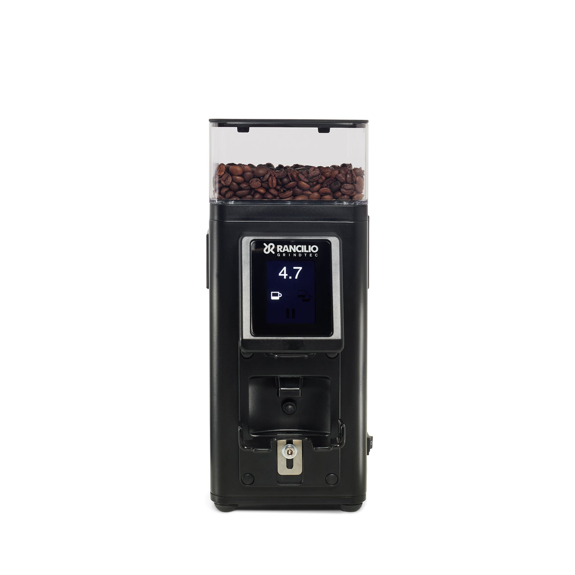 Black coffee grinder with digital display and coffee beans on a white background