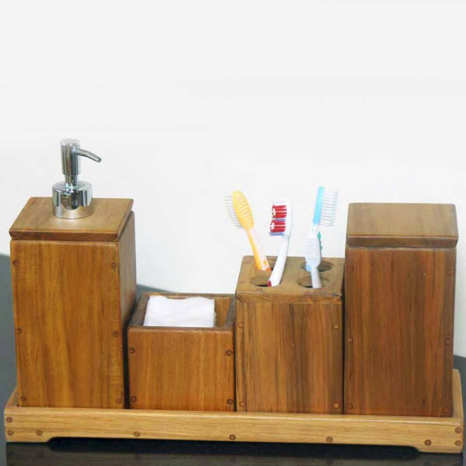 Rico & Plato Teak Bathroom Accessories Set and Tray - Thumbnail 3