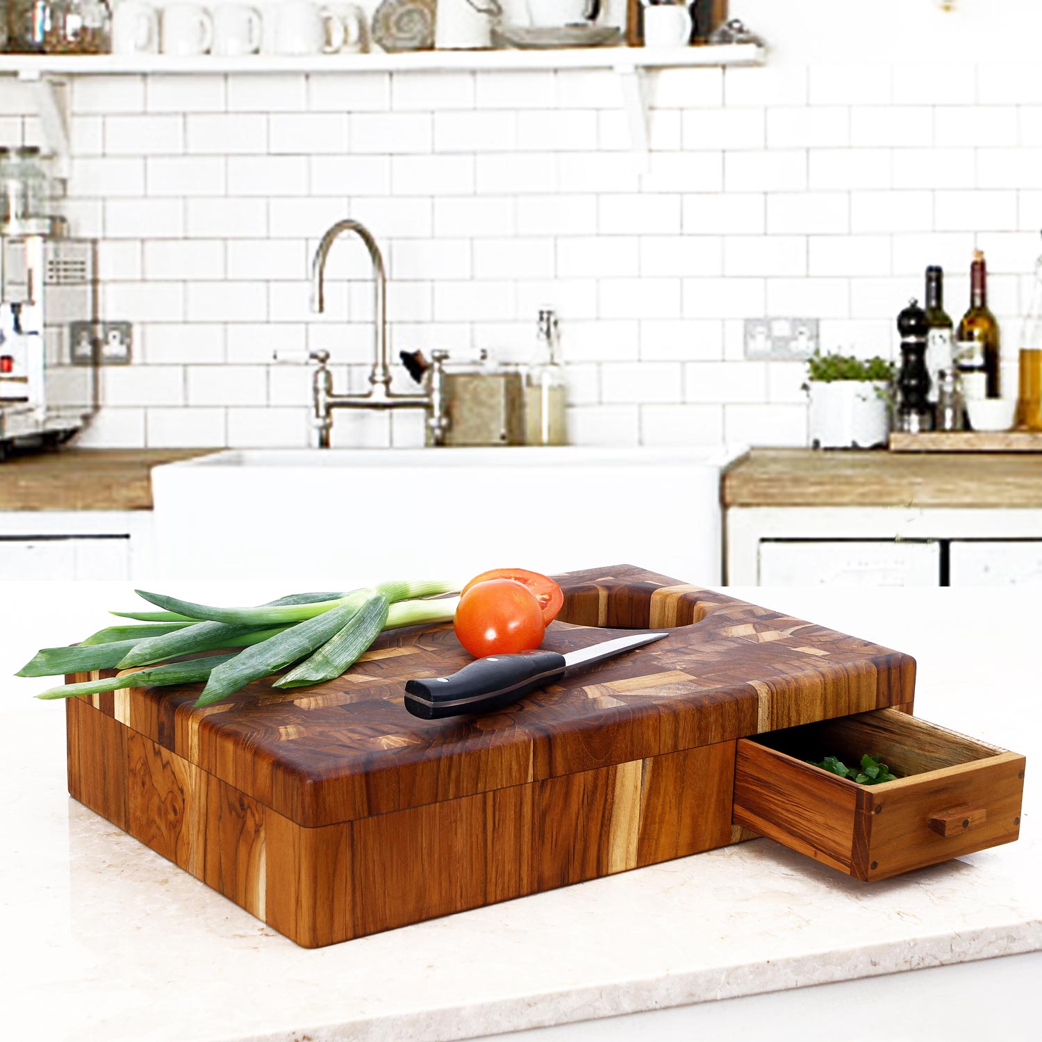 Rico & Plato Donald End Grain Teak Cutting Board with Rubbish Drawer - Thumbnail 3