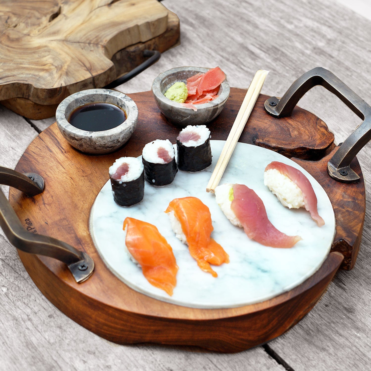 Rico &amp; Plato Mutsu Teak Sushi Server with Integrated Handles and 2 Marbale Pots
