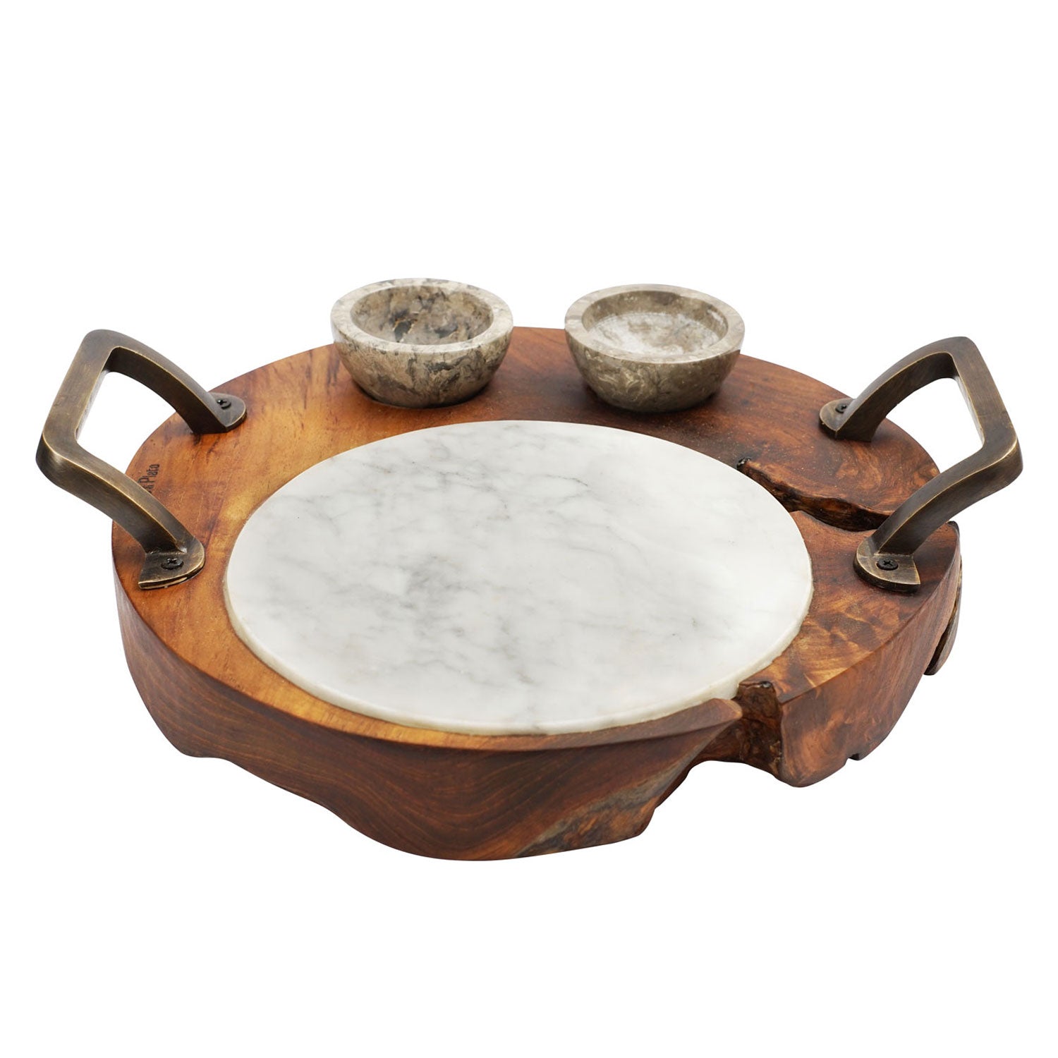 Rico &amp; Plato Mutsu Teak Sushi Server with Integrated Handles and 2 Marbale Pots
