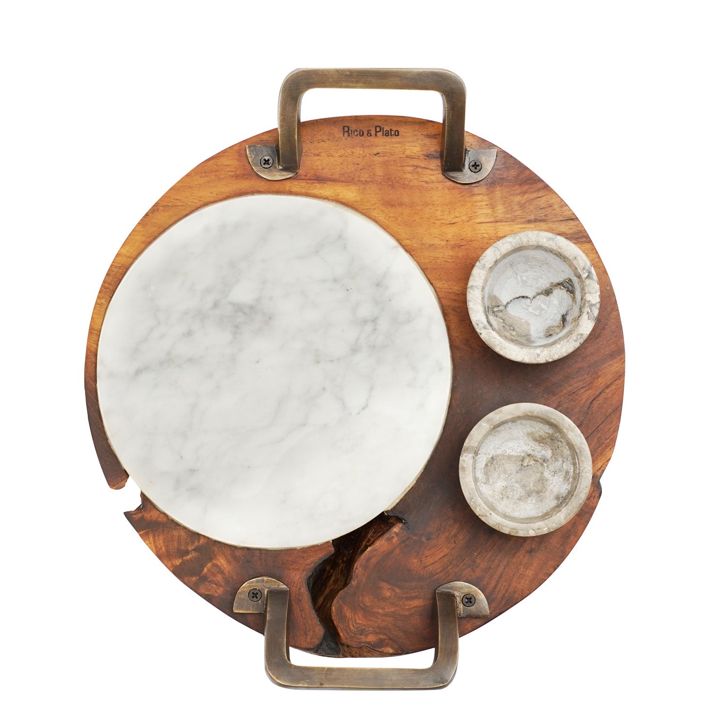 Rico &amp; Plato Mutsu Teak Sushi Server with Integrated Handles and 2 Marbale Pots