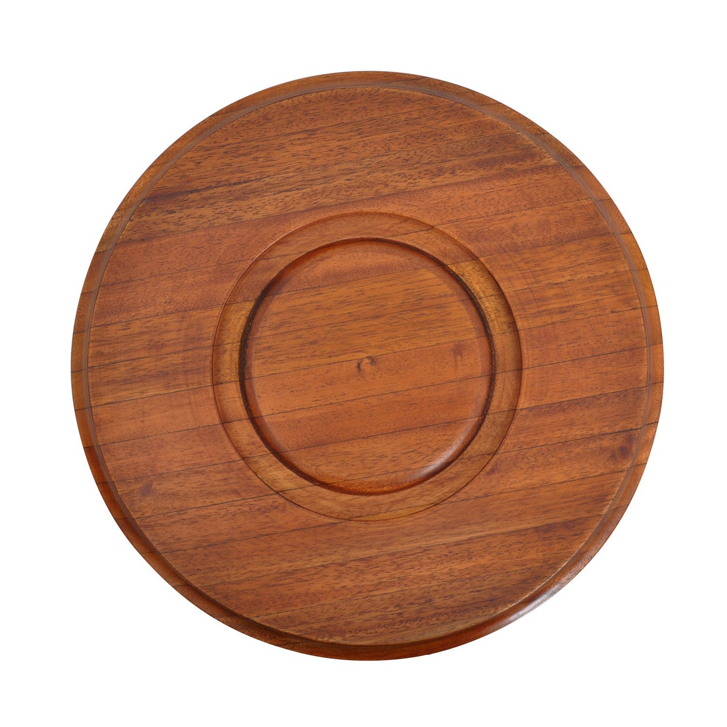 Wooden round tray with concentric circle design on a white background